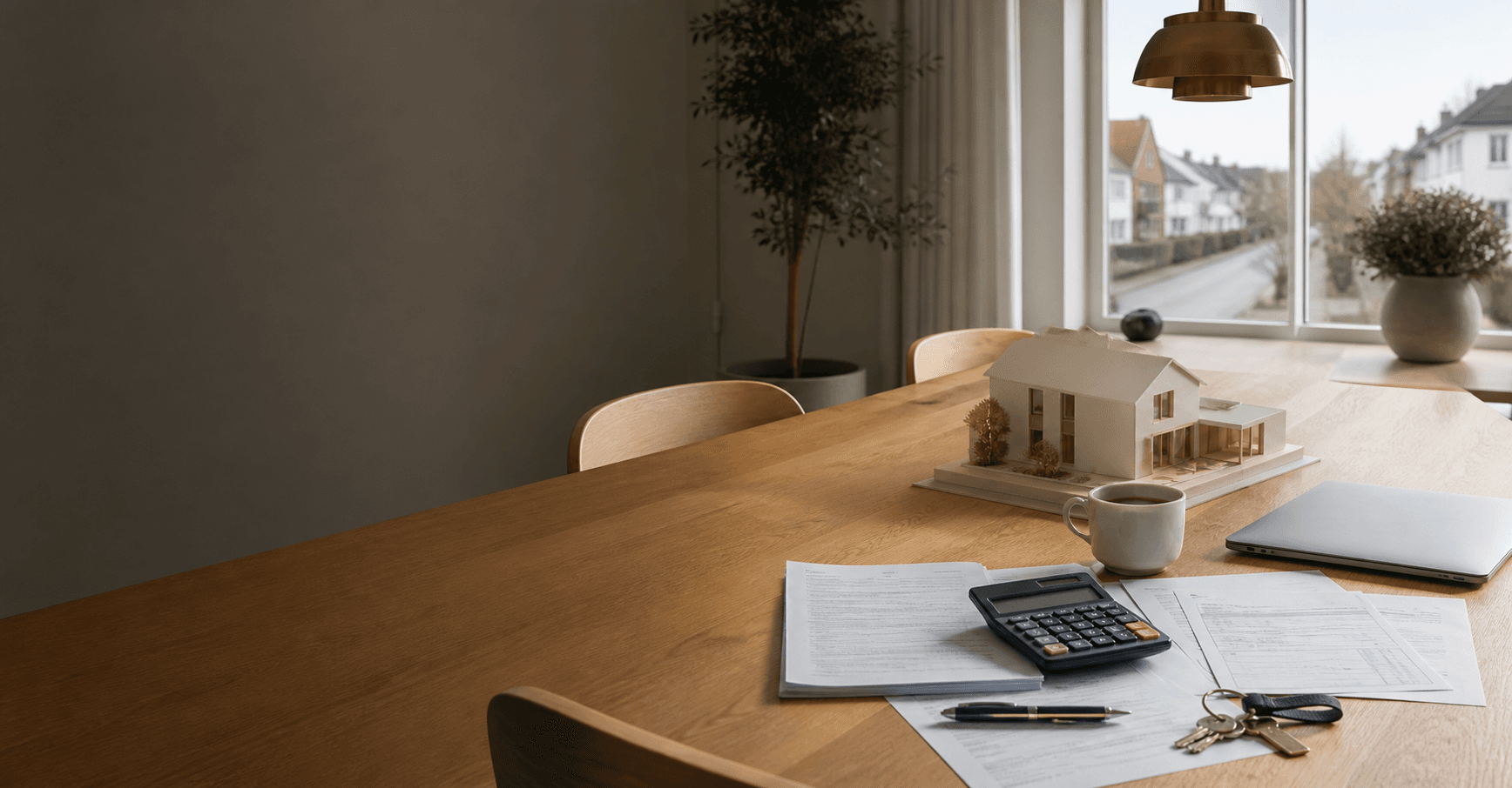 Boligmodel, budget, lommeregner og nøgler på et dansk spisebord