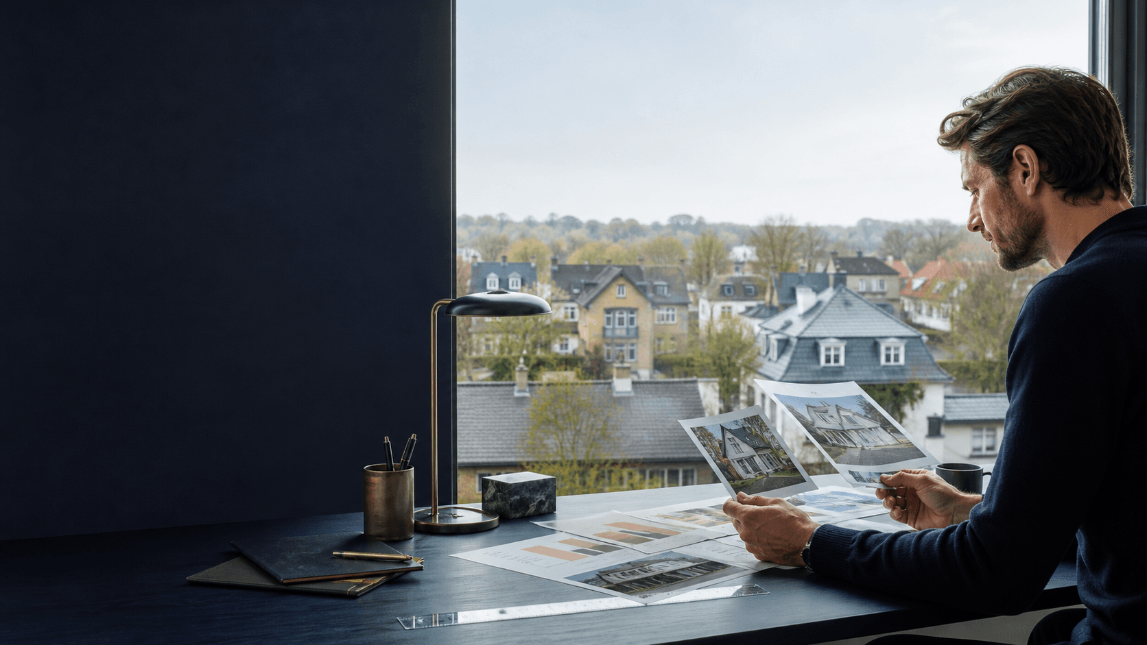 Boligmarked analyseres med boligfotos og et dansk kvarter i baggrunden