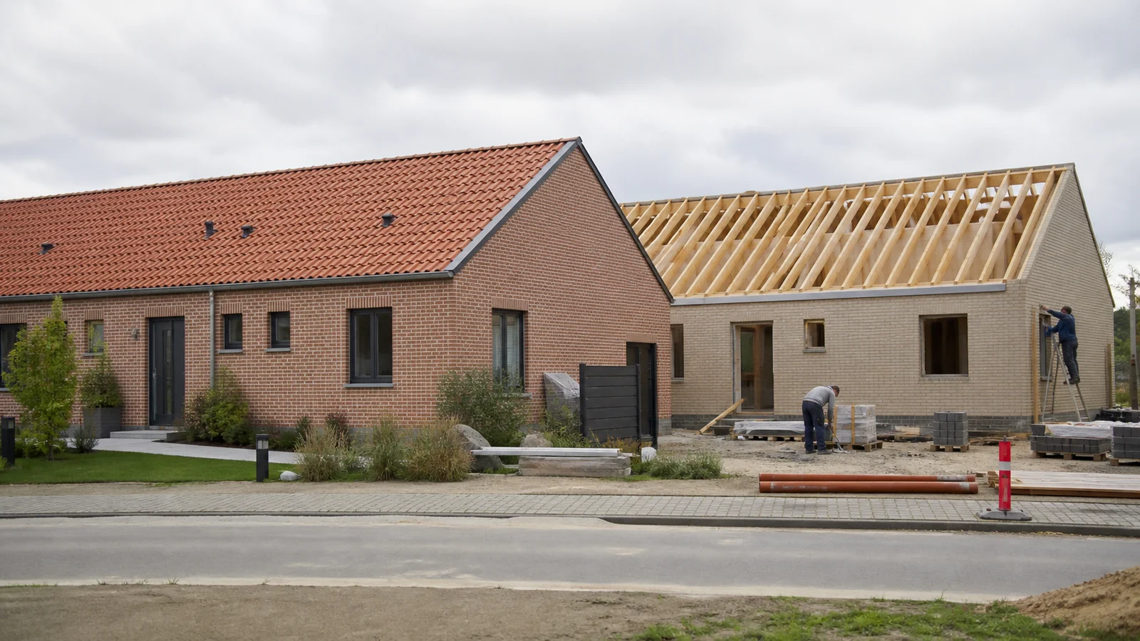 Nye danske rækkehuse i forskellige faser af byggeriet.