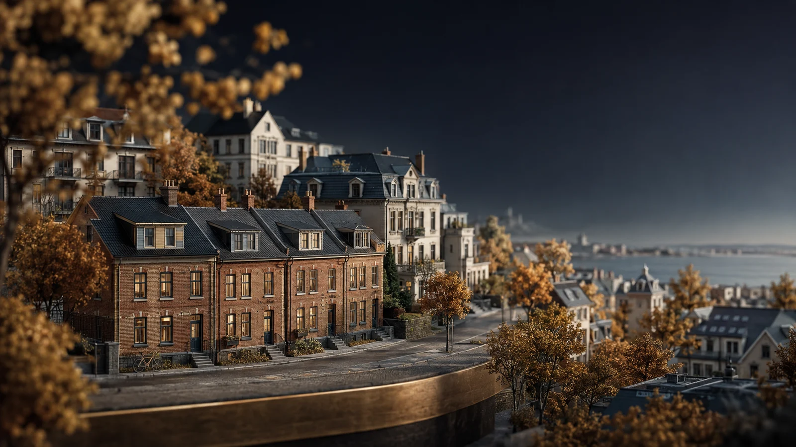 AI-illustration af et boligkvarter på en skrånende gade i Aarhus som arkitekturmodel.