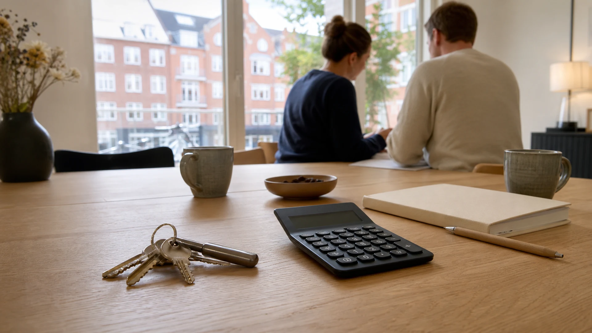 Boligkøbere gennemgår budget ved et bord i en dansk lejlighed.
