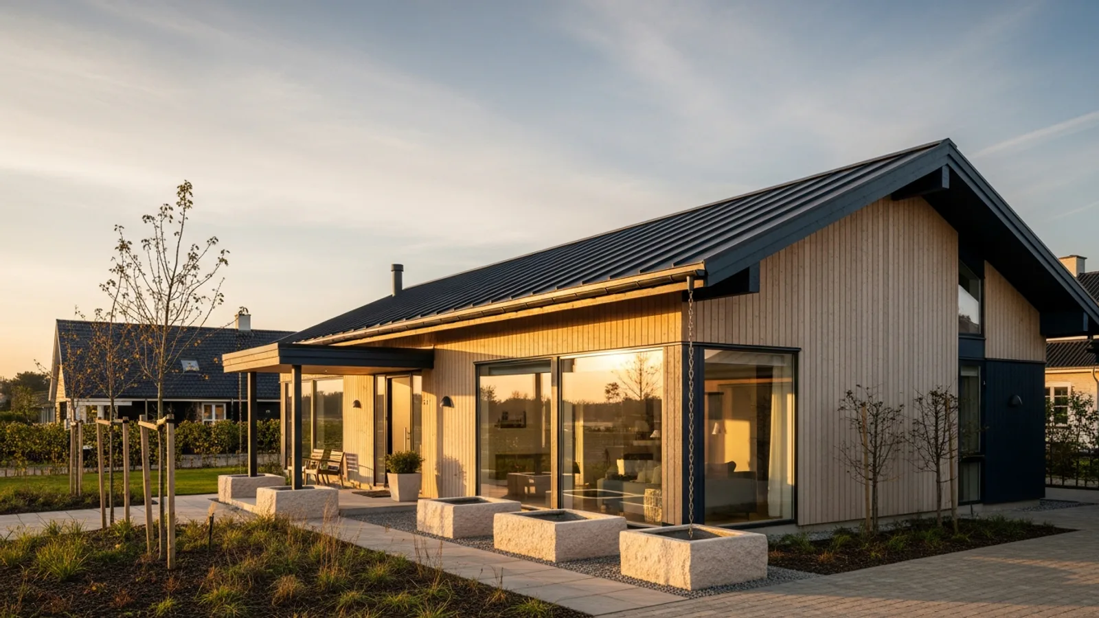 Detalje fra en dansk bolig om klimasikring af boligen: beskyt mod skybrud og fugt.