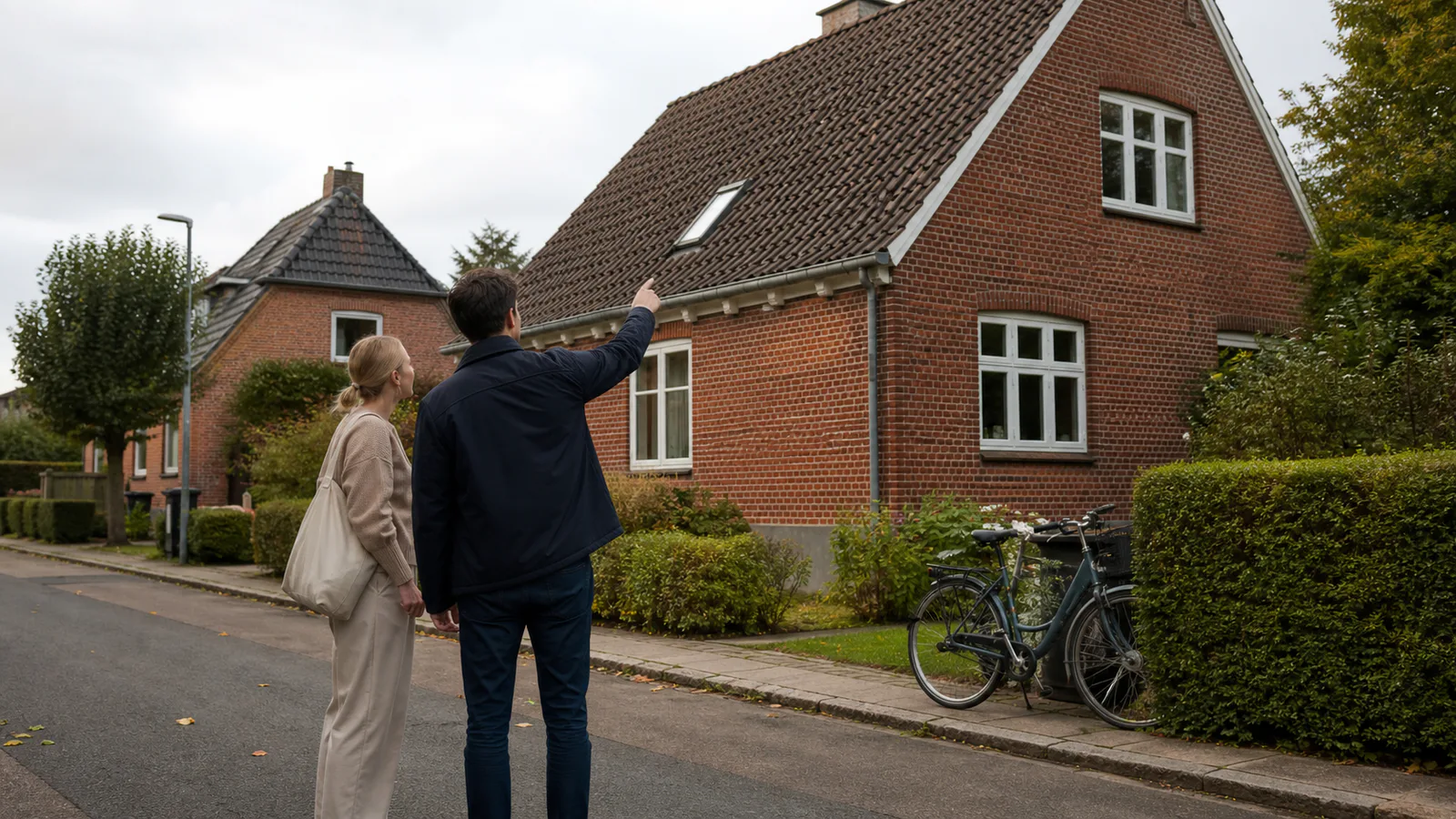 Boligkøbere undersøger et dansk murstenshus efter en fremvisning.